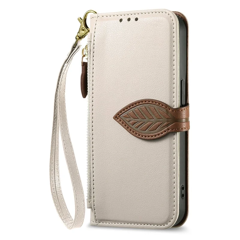 For Oppo Find X9 Ultra 5G Stand Case Leaf Shape Magnetic Clasp Leather Phone Cover with Hand Strap - Beige