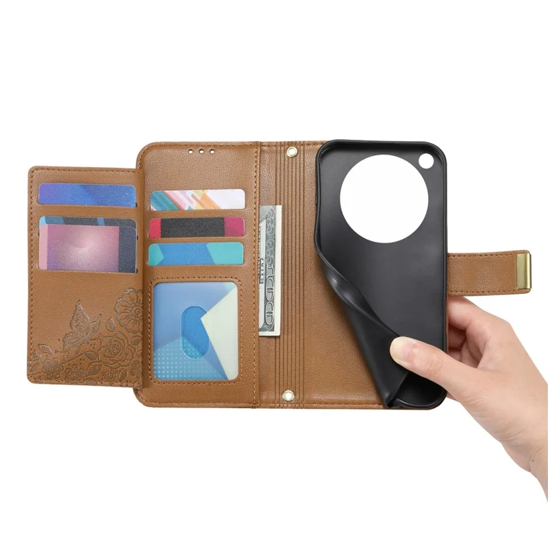 For Oppo Find X9 Ultra 5G Case Floral Leaf Pattern Multi Card Slots Zipper Leather Phone Cover with Wrist Strap - Brown