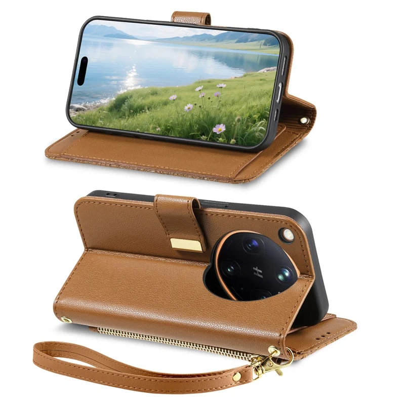 For Oppo Find X9 Ultra 5G Case Floral Leaf Pattern Multi Card Slots Zipper Leather Phone Cover with Wrist Strap - Brown