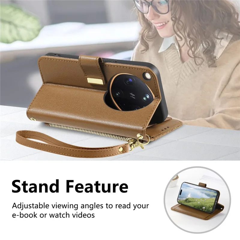 For Oppo Find X9 Ultra 5G Case Floral Leaf Pattern Multi Card Slots Zipper Leather Phone Cover with Wrist Strap - Brown