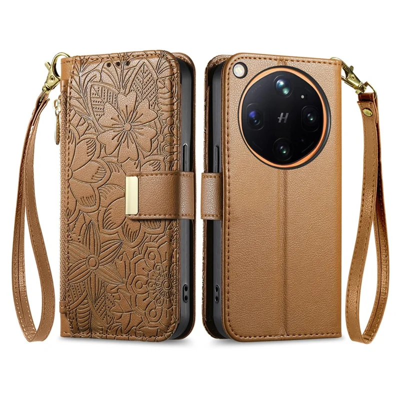 For Oppo Find X9 Ultra 5G Case Floral Leaf Pattern Multi Card Slots Zipper Leather Phone Cover with Wrist Strap - Brown