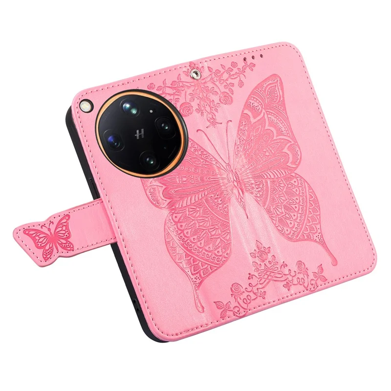 Étui pour Oppo Find X9 Ultra 5G avec dragonne, motif papillon, portefeuille en cuir PU - Rose