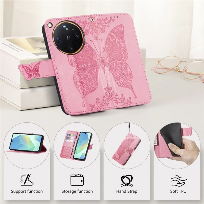 Étui pour Oppo Find X9 Ultra 5G avec dragonne, motif papillon, portefeuille en cuir PU - Rose