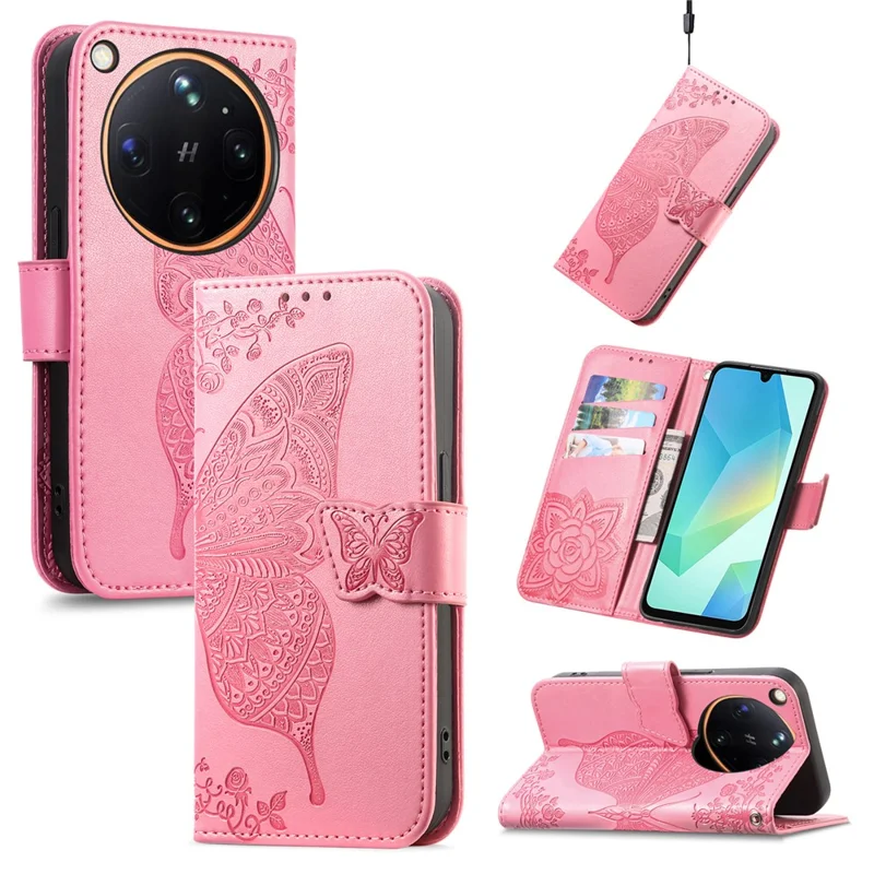 Étui pour Oppo Find X9 Ultra 5G avec dragonne, motif papillon, portefeuille en cuir PU - Rose