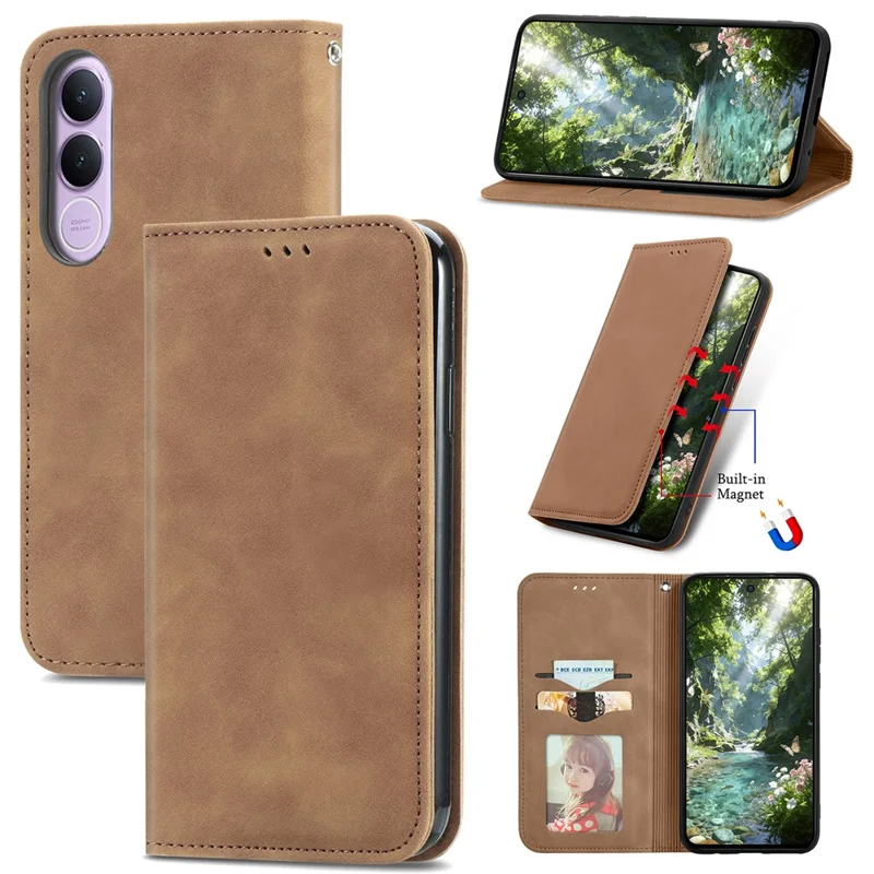 For vivo V70 FE 5G Leather Case with Card Holder Magnetic Absorption Phone Cover - Brown