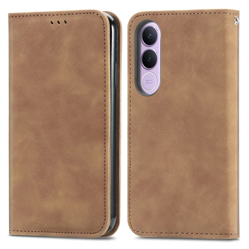 For vivo V70 FE 5G Leather Case with Card Holder Magnetic Absorption Phone Cover - Brown