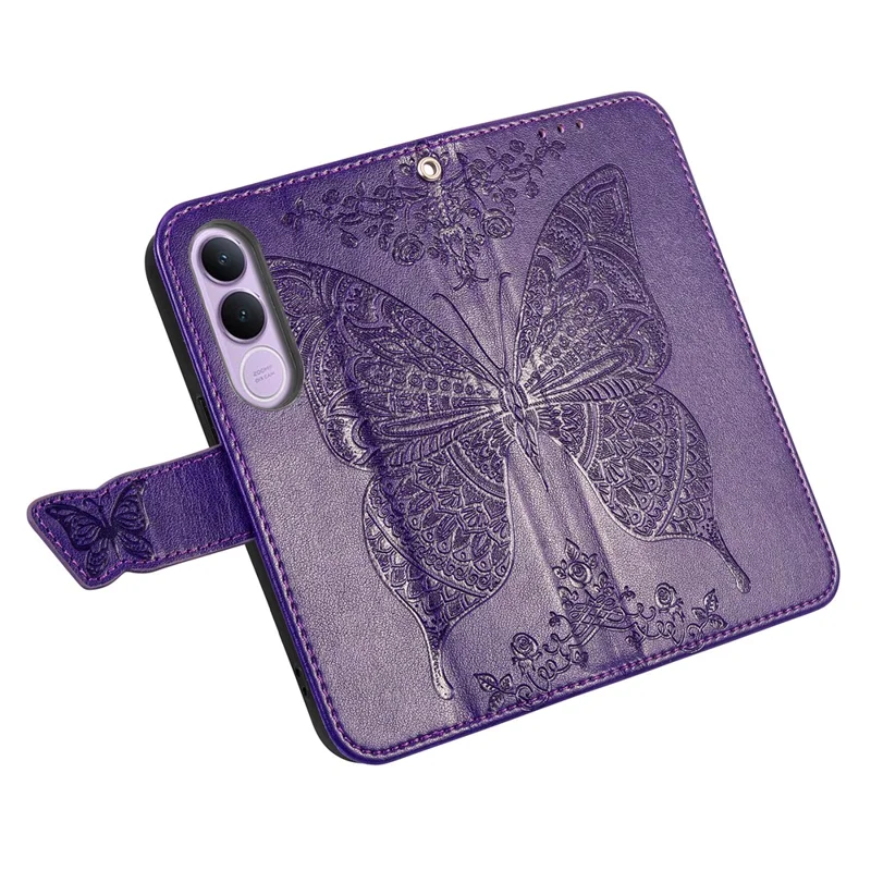 Für vivo V70 FE 5G Hülle mit Strappe Schmetterlingsmuster PU-Leder Brieftasche Handyhülle - Dunkelviolett