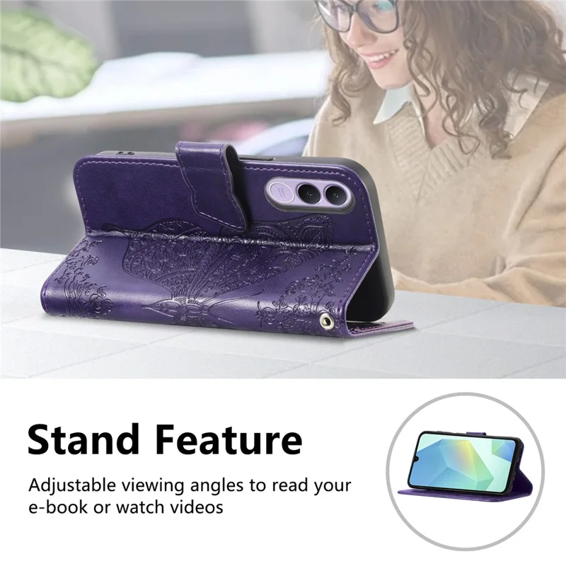 Für vivo V70 FE 5G Hülle mit Strappe Schmetterlingsmuster PU-Leder Brieftasche Handyhülle - Dunkelviolett