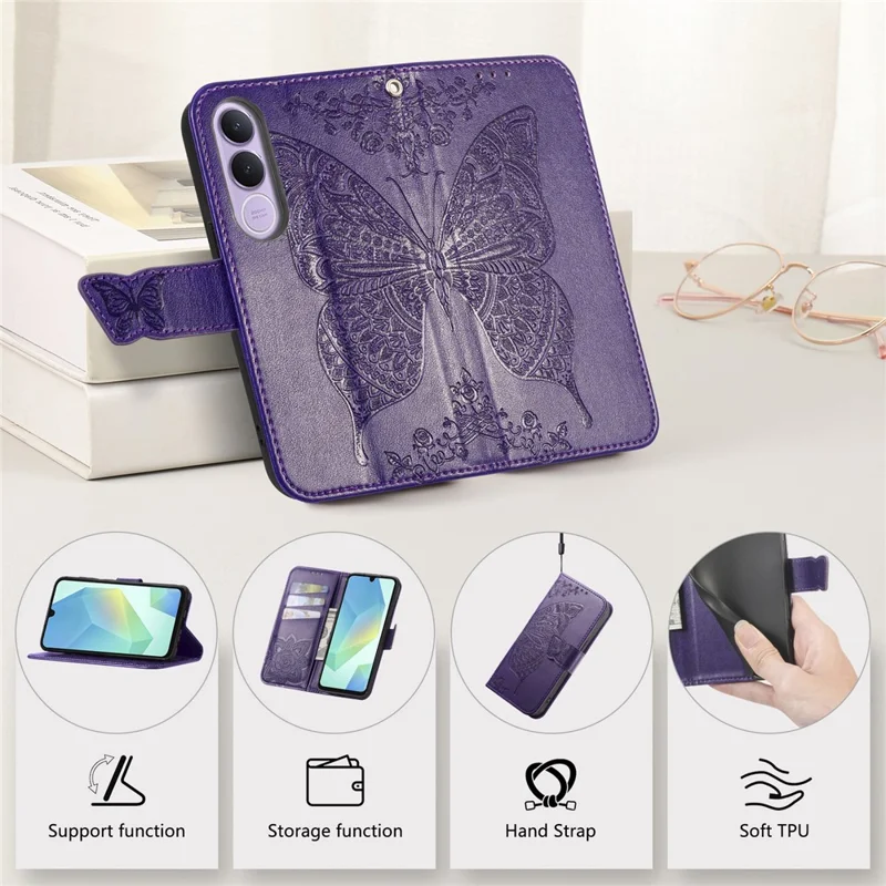 Für vivo V70 FE 5G Hülle mit Strappe Schmetterlingsmuster PU-Leder Brieftasche Handyhülle - Dunkelviolett