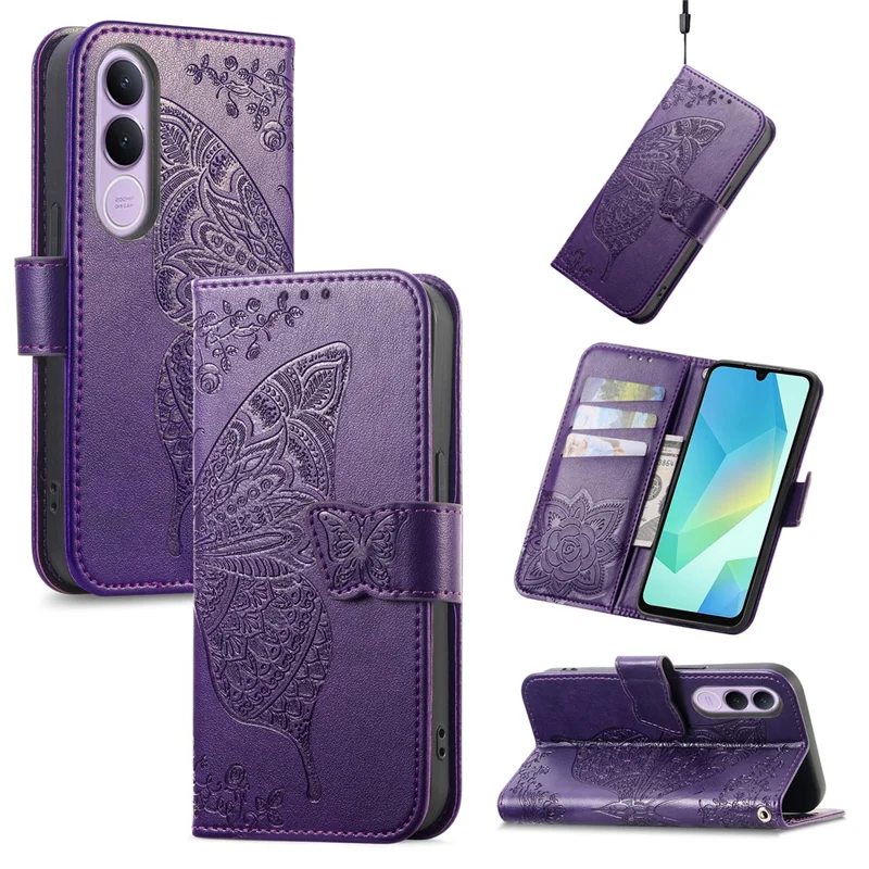 Für vivo V70 FE 5G Hülle mit Strappe Schmetterlingsmuster PU-Leder Brieftasche Handyhülle - Dunkelviolett