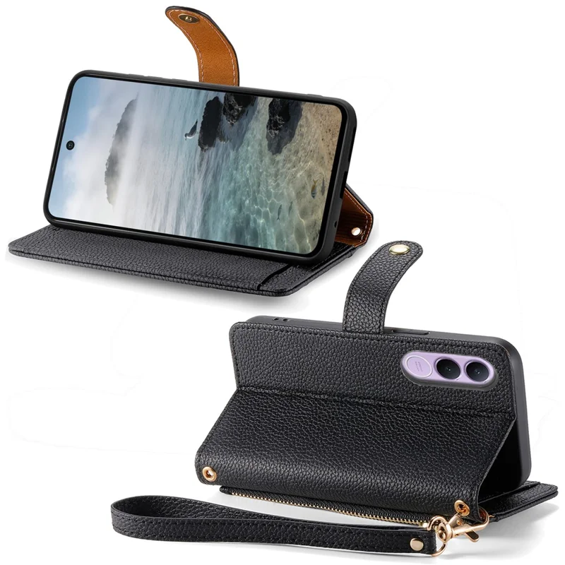 Für vivo V70 FE 5G Tasche mit RFID-Sperre, Reißverschlussfach, Ledertasche mit Gurt – Schwarz