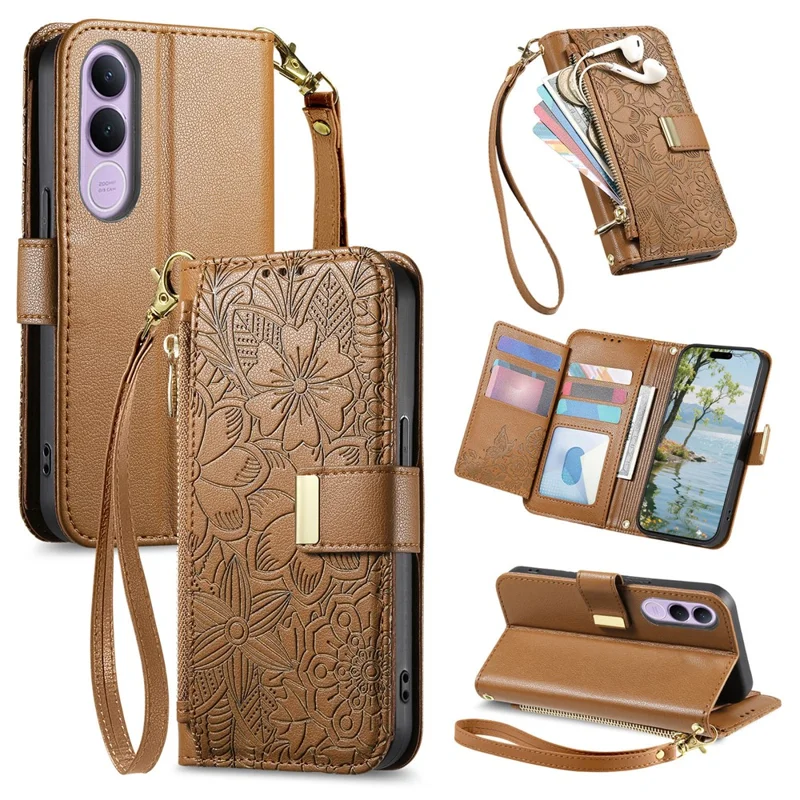 For vivo V70 FE 5G Case Floral Leaf Pattern Multi Card Slots Zipper Leather Phone Cover with Wrist Strap - Brown