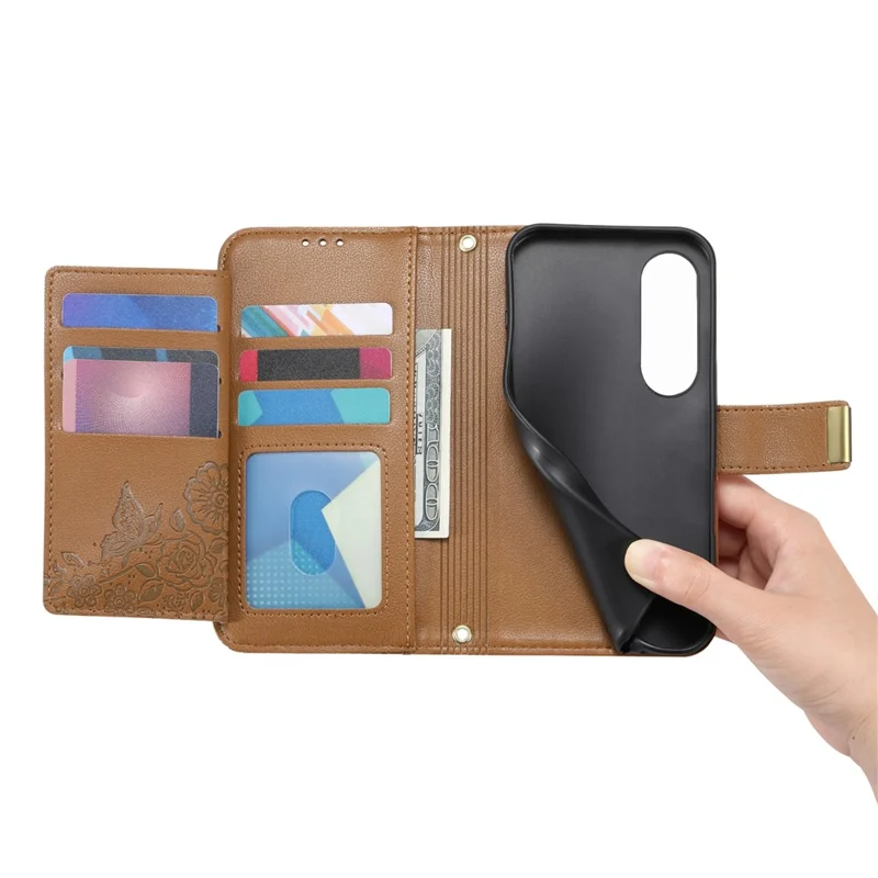 For vivo V70 FE 5G Case Floral Leaf Pattern Multi Card Slots Zipper Leather Phone Cover with Wrist Strap - Brown