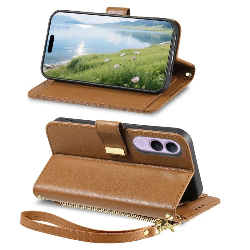 For vivo V70 FE 5G Case Floral Leaf Pattern Multi Card Slots Zipper Leather Phone Cover with Wrist Strap - Brown