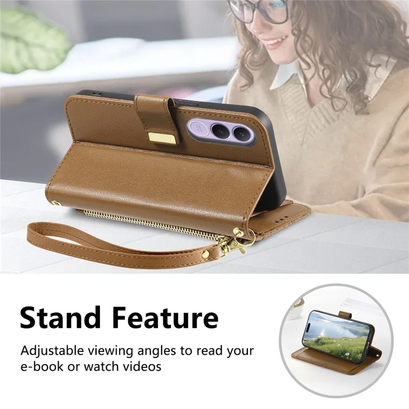 For vivo V70 FE 5G Case Floral Leaf Pattern Multi Card Slots Zipper Leather Phone Cover with Wrist Strap - Brown
