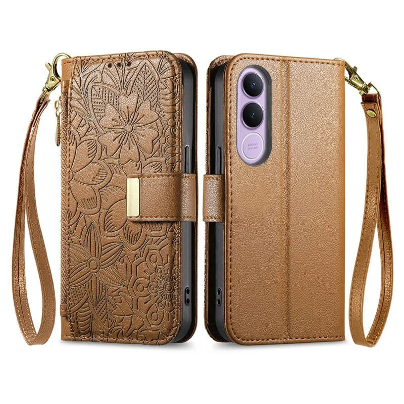 For vivo V70 FE 5G Case Floral Leaf Pattern Multi Card Slots Zipper Leather Phone Cover with Wrist Strap - Brown