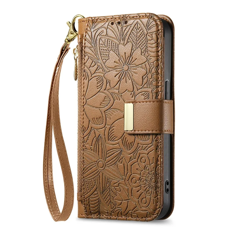 For vivo V70 FE 5G Case Floral Leaf Pattern Multi Card Slots Zipper Leather Phone Cover with Wrist Strap - Brown