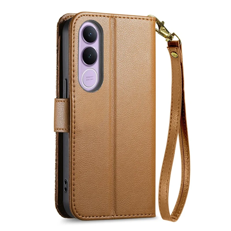 For vivo V70 FE 5G Case Floral Leaf Pattern Multi Card Slots Zipper Leather Phone Cover with Wrist Strap - Brown