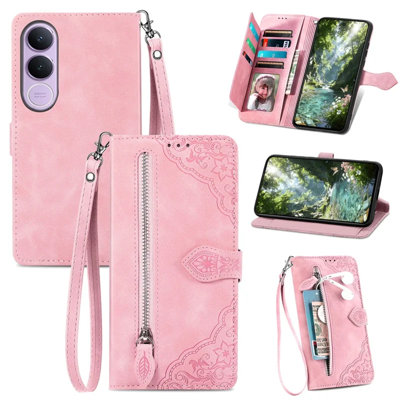 For vivo V70 FE 5G Zipper Wallet Case with Strap Flower Imprint PU Leather Phone Cover - Pink