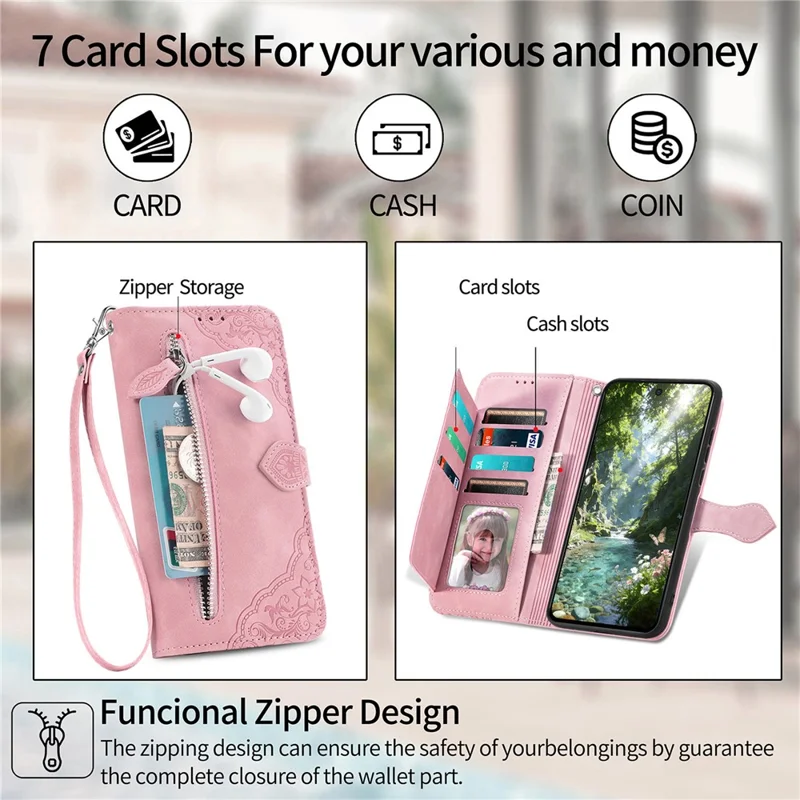 For vivo V70 FE 5G Zipper Wallet Case with Strap Flower Imprint PU Leather Phone Cover - Pink