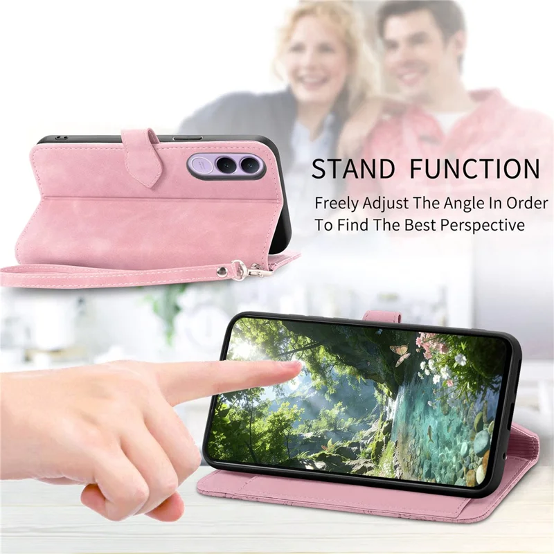 For vivo V70 FE 5G Zipper Wallet Case with Strap Flower Imprint PU Leather Phone Cover - Pink