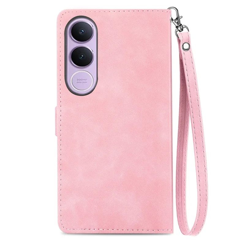 For vivo V70 FE 5G Zipper Wallet Case with Strap Flower Imprint PU Leather Phone Cover - Pink