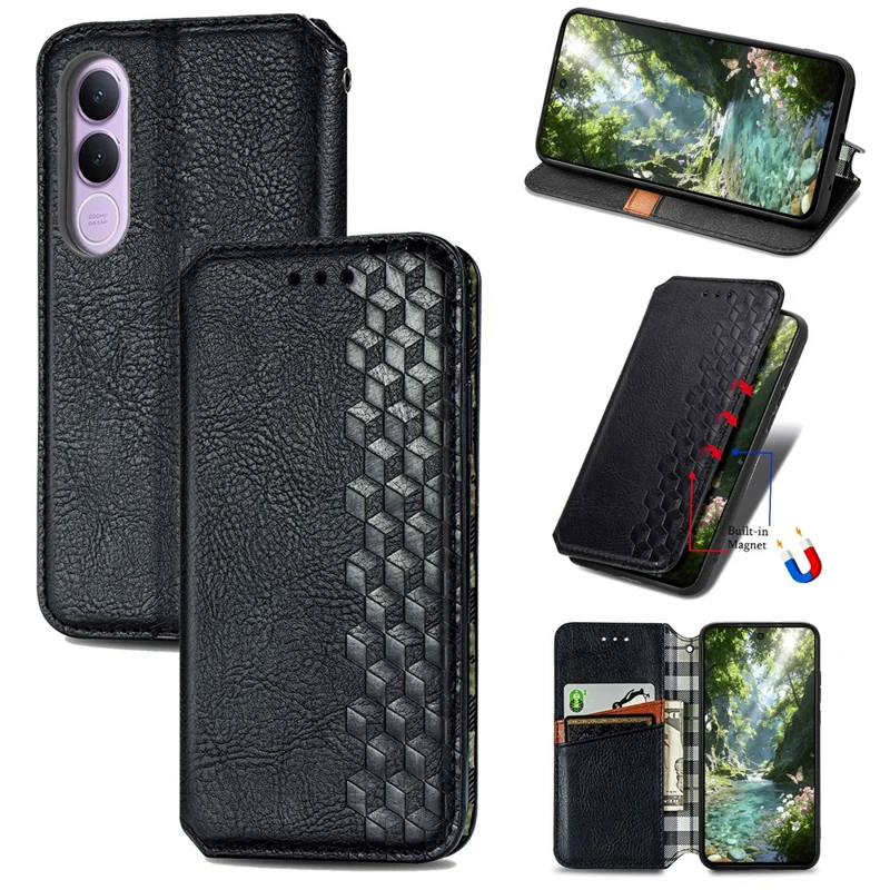 For vivo V70 FE 5G Case Rhombus Imprint PU Leather Wallet Phone Cover - Black