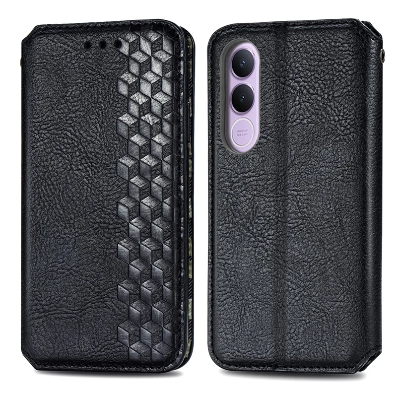 For vivo V70 FE 5G Case Rhombus Imprint PU Leather Wallet Phone Cover - Black