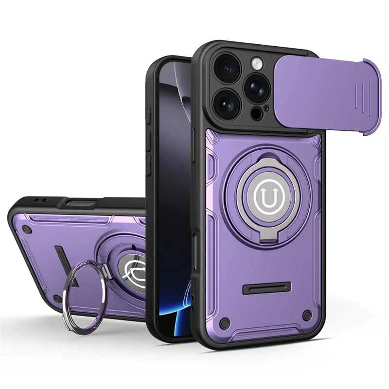 Coque pour iPhone 16 Pro avec couvercle coulissant pour appareil photo, anneau support 2-en-1, coque de téléphone PC + TPU - Violet