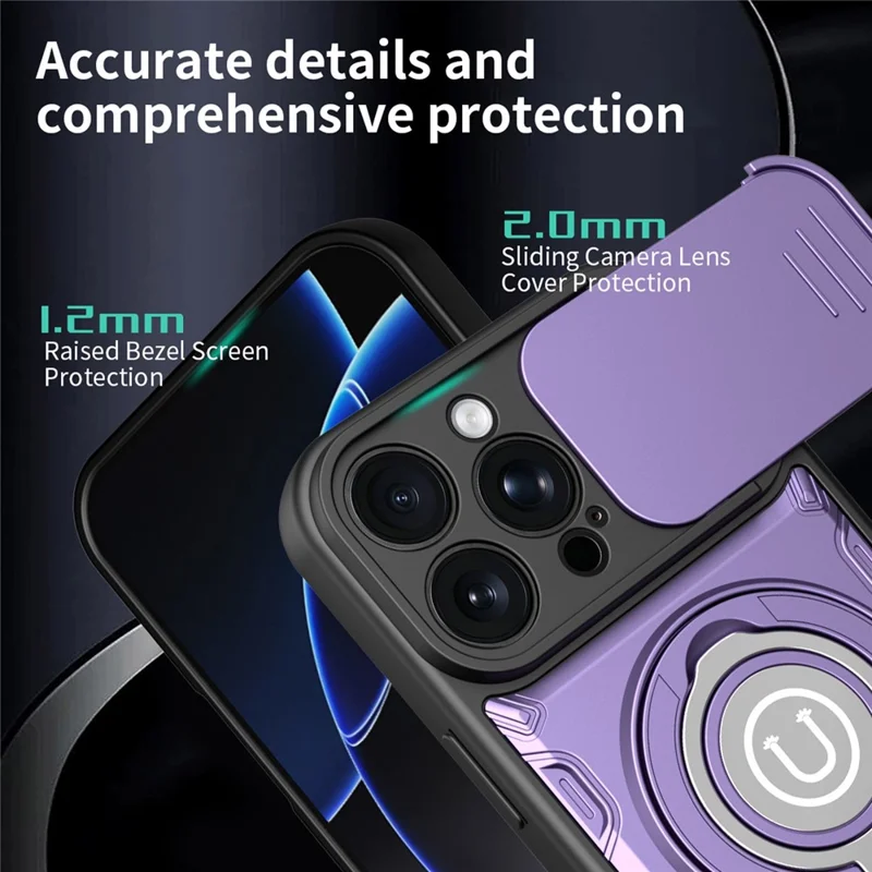 Coque pour iPhone 16 Pro avec couvercle coulissant pour appareil photo, anneau support 2-en-1, coque de téléphone PC + TPU - Violet