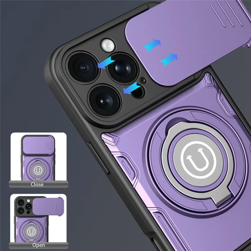 Coque pour iPhone 16 Pro avec couvercle coulissant pour appareil photo, anneau support 2-en-1, coque de téléphone PC + TPU - Violet