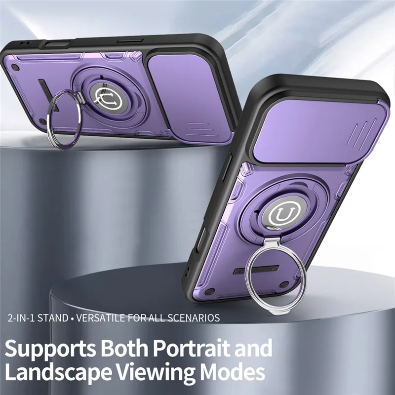 Coque pour iPhone 16 Pro avec couvercle coulissant pour appareil photo, anneau support 2-en-1, coque de téléphone PC + TPU - Violet