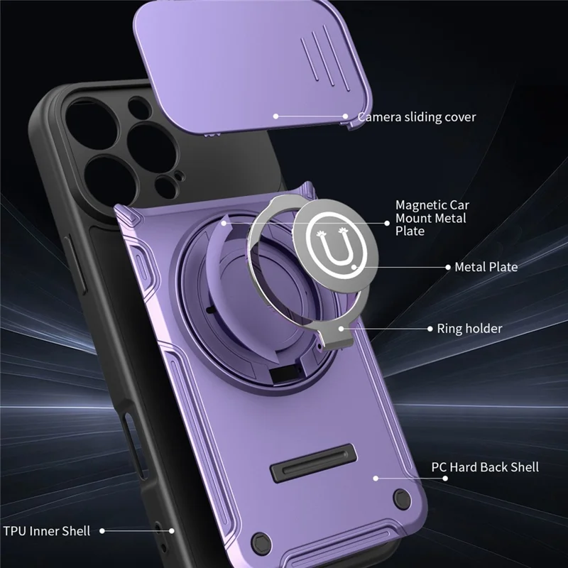 Coque pour iPhone 16 Pro avec couvercle coulissant pour appareil photo, anneau support 2-en-1, coque de téléphone PC + TPU - Violet