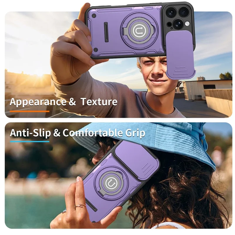 Coque pour iPhone 16 Pro avec couvercle coulissant pour appareil photo, anneau support 2-en-1, coque de téléphone PC + TPU - Violet