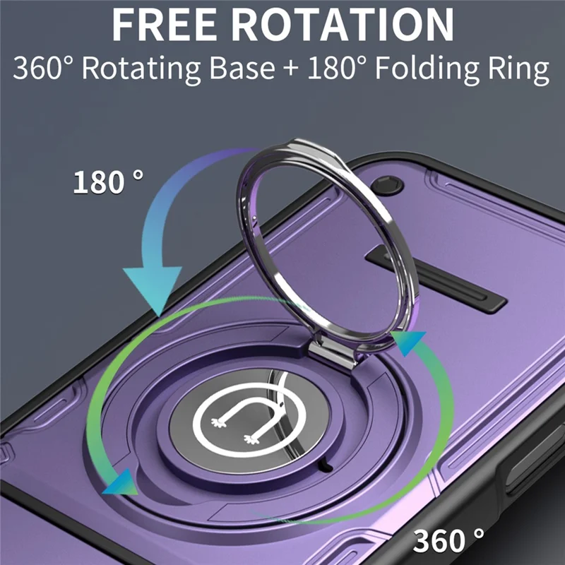 Coque pour iPhone 16 Pro avec couvercle coulissant pour appareil photo, anneau support 2-en-1, coque de téléphone PC + TPU - Violet