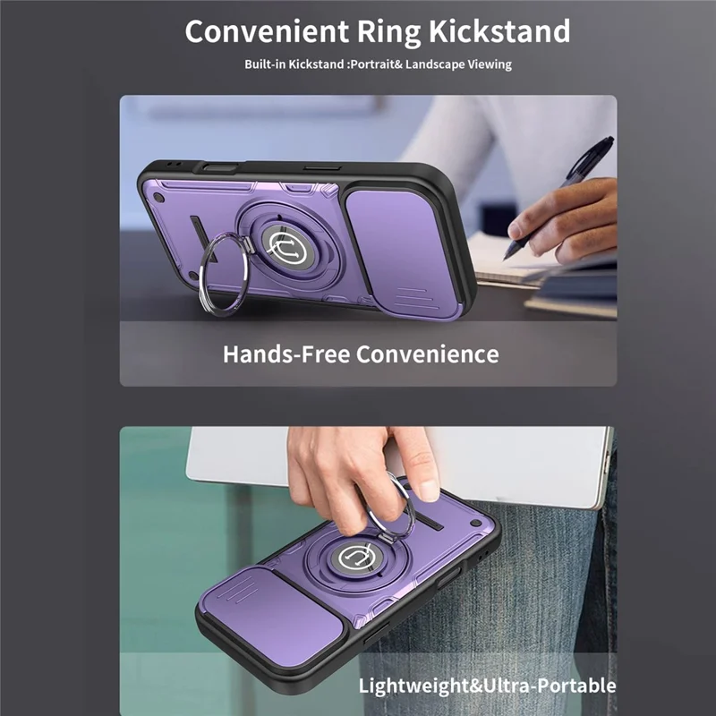 Coque pour iPhone 16 Pro avec couvercle coulissant pour appareil photo, anneau support 2-en-1, coque de téléphone PC + TPU - Violet
