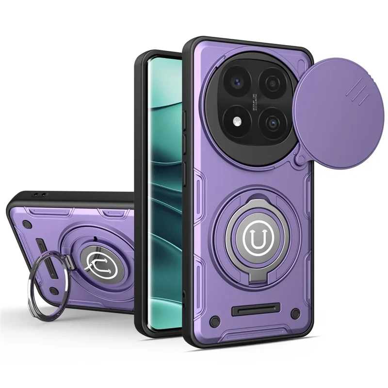 Cover per Xiaomi Redmi Note 14 Pro+ 5G con Copertura Scorrevole della Fotocamera, Anello Supporto, Custodia per Telefono in PC + TPU - Viola