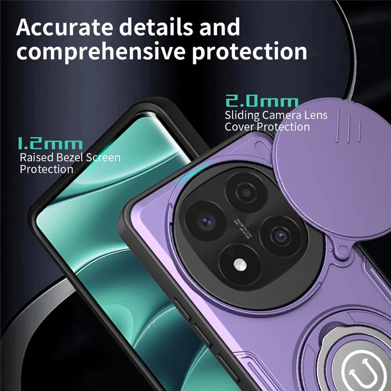 Cover per Xiaomi Redmi Note 14 Pro+ 5G con Copertura Scorrevole della Fotocamera, Anello Supporto, Custodia per Telefono in PC + TPU - Viola