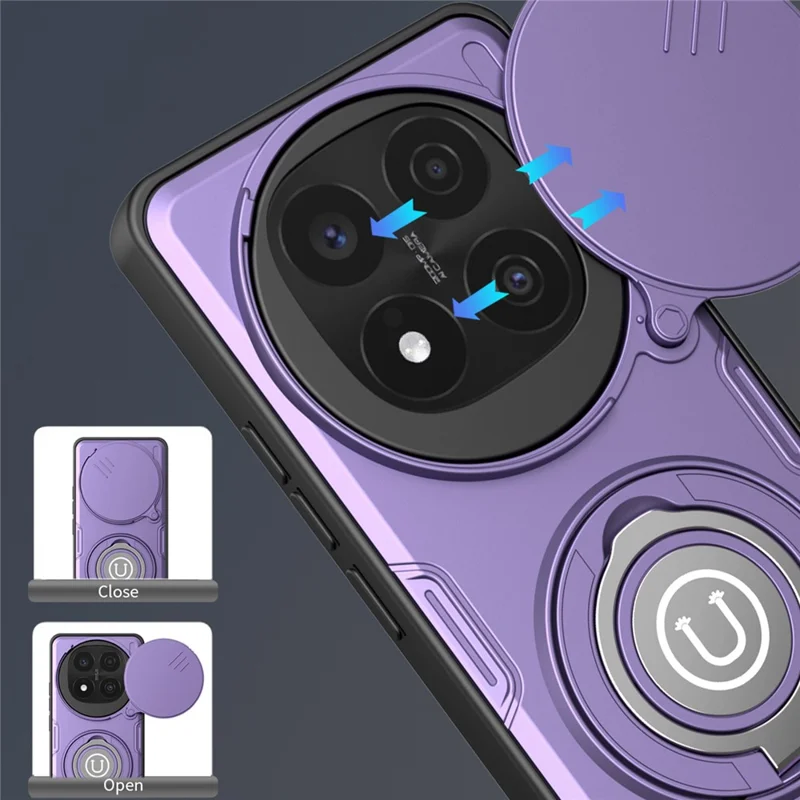 Cover per Xiaomi Redmi Note 14 Pro+ 5G con Copertura Scorrevole della Fotocamera, Anello Supporto, Custodia per Telefono in PC + TPU - Viola