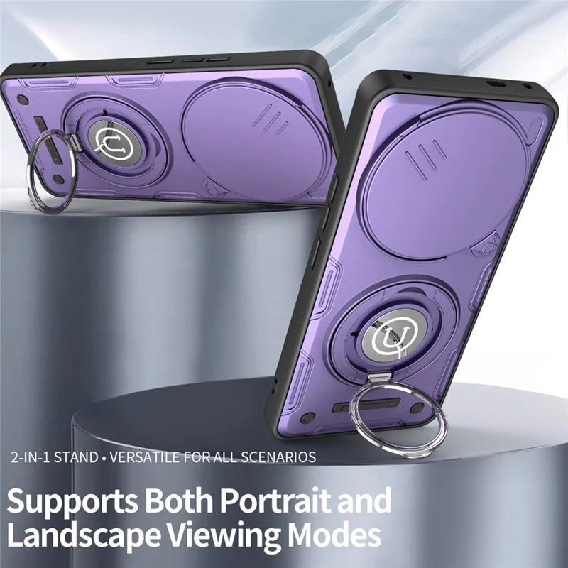 Cover per Xiaomi Redmi Note 14 Pro+ 5G con Copertura Scorrevole della Fotocamera, Anello Supporto, Custodia per Telefono in PC + TPU - Viola