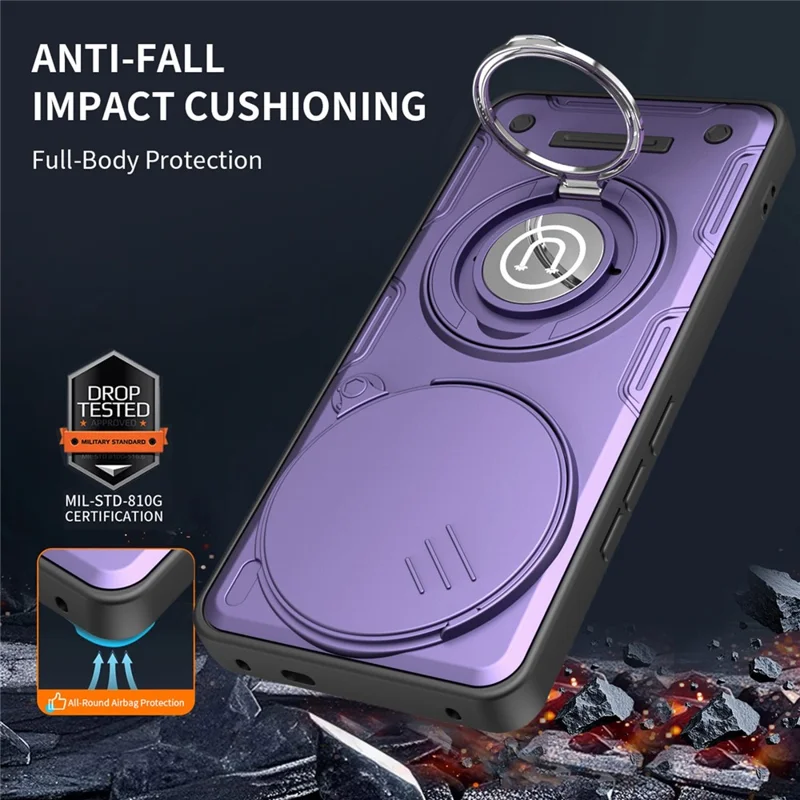 Cover per Xiaomi Redmi Note 14 Pro+ 5G con Copertura Scorrevole della Fotocamera, Anello Supporto, Custodia per Telefono in PC + TPU - Viola