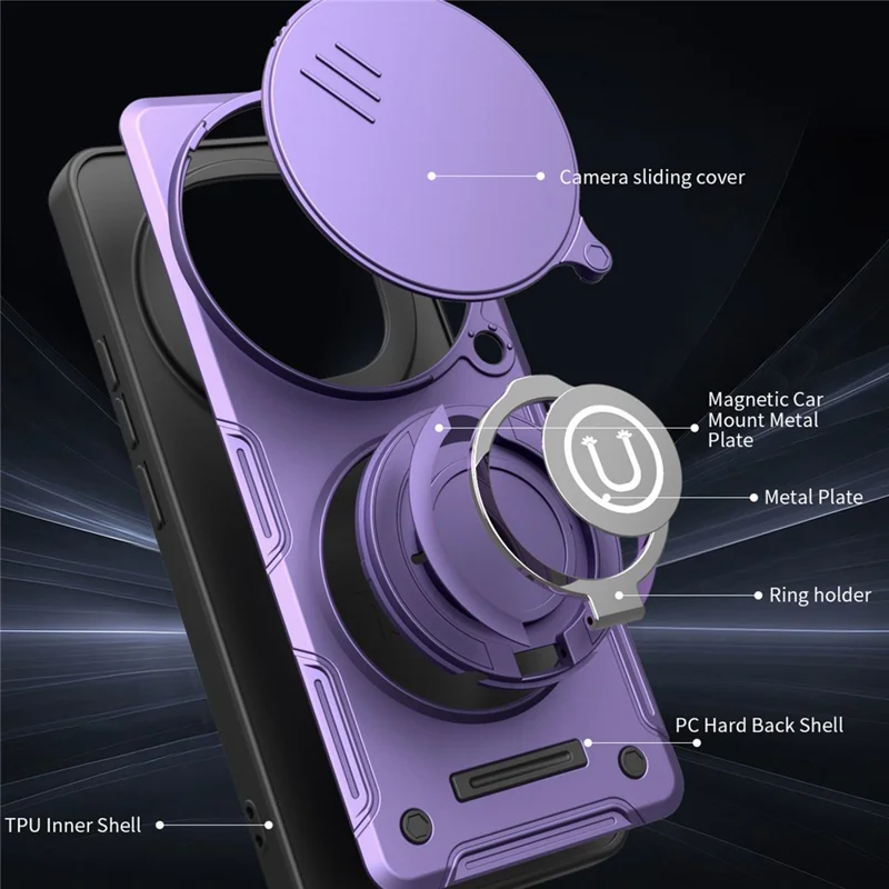Cover per Xiaomi Redmi Note 14 Pro+ 5G con Copertura Scorrevole della Fotocamera, Anello Supporto, Custodia per Telefono in PC + TPU - Viola