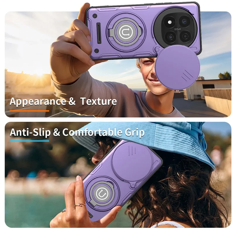 Cover per Xiaomi Redmi Note 14 Pro+ 5G con Copertura Scorrevole della Fotocamera, Anello Supporto, Custodia per Telefono in PC + TPU - Viola