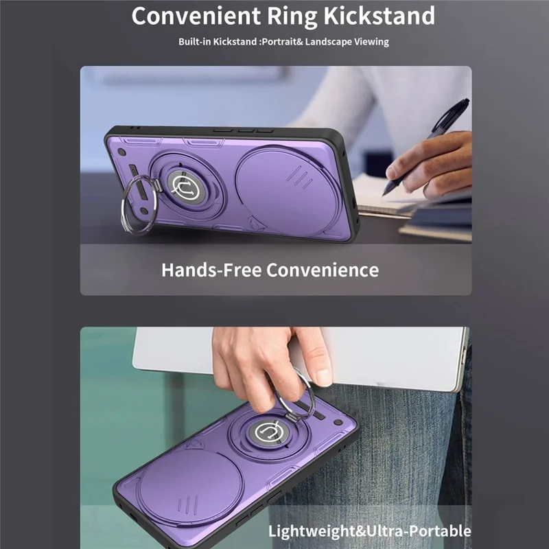 Cover per Xiaomi Redmi Note 14 Pro+ 5G con Copertura Scorrevole della Fotocamera, Anello Supporto, Custodia per Telefono in PC + TPU - Viola