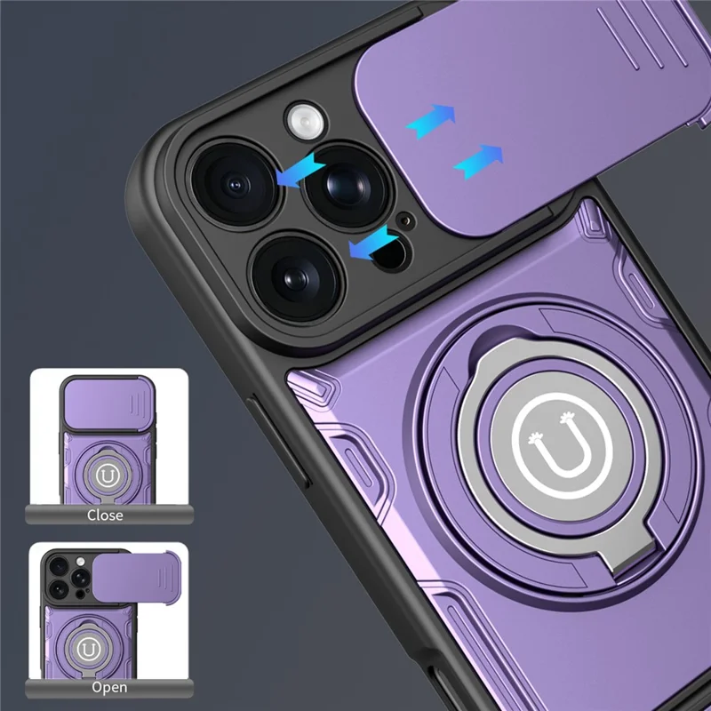Capa para iPhone 16 Pro Max com Cobertura de Câmara Deslizante, Anel Suporte PC + TPU - Roxo