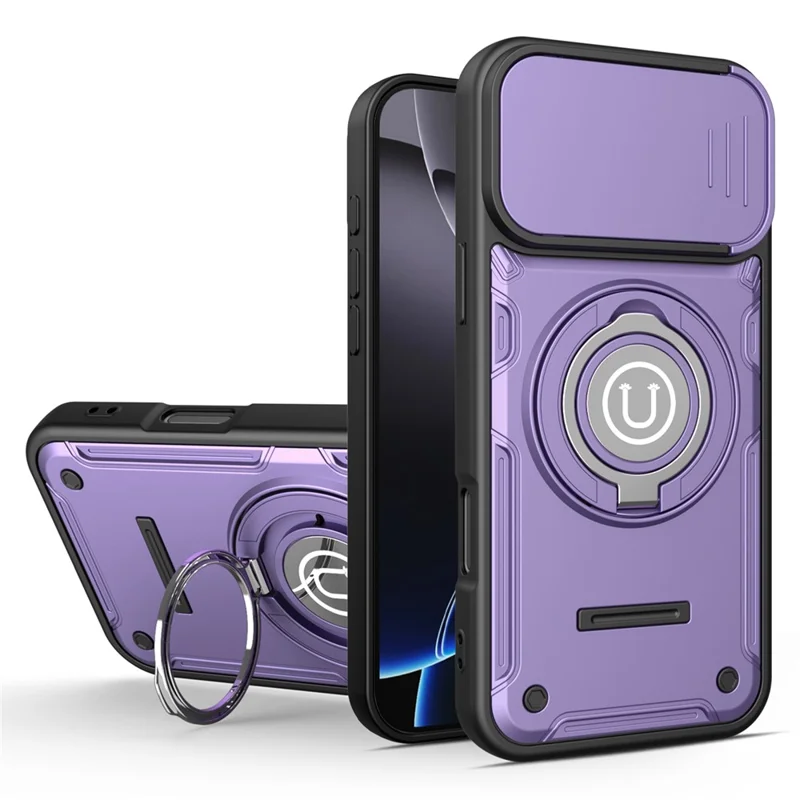 Capa para iPhone 16 Pro Max com Cobertura de Câmara Deslizante, Anel Suporte PC + TPU - Roxo