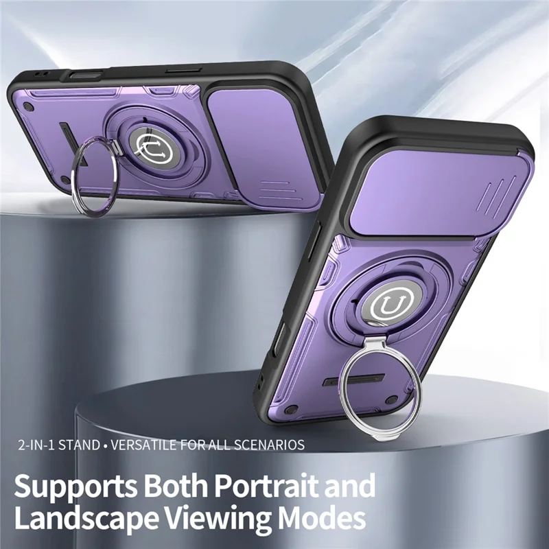 Capa para iPhone 16 Pro Max com Cobertura de Câmara Deslizante, Anel Suporte PC + TPU - Roxo