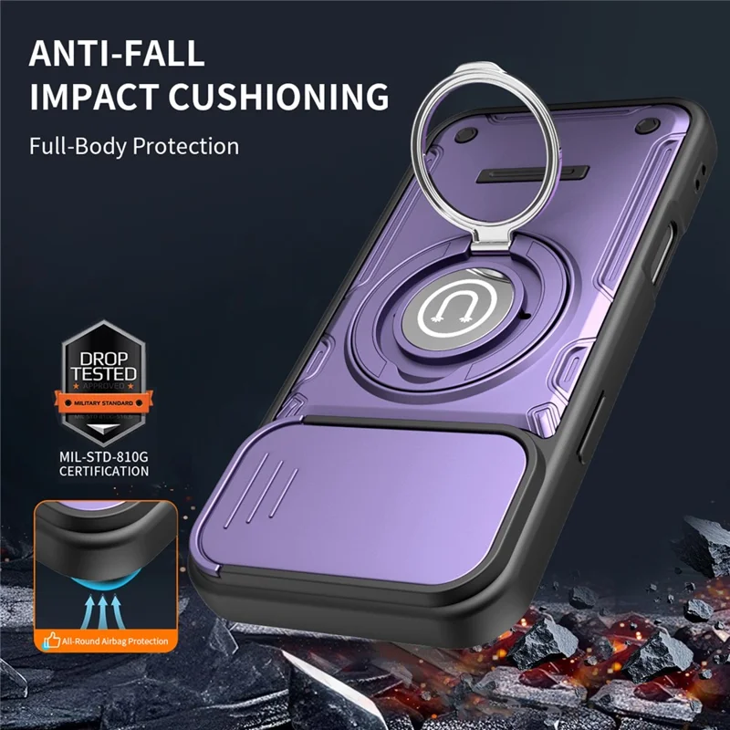 Capa para iPhone 16 Pro Max com Cobertura de Câmara Deslizante, Anel Suporte PC + TPU - Roxo