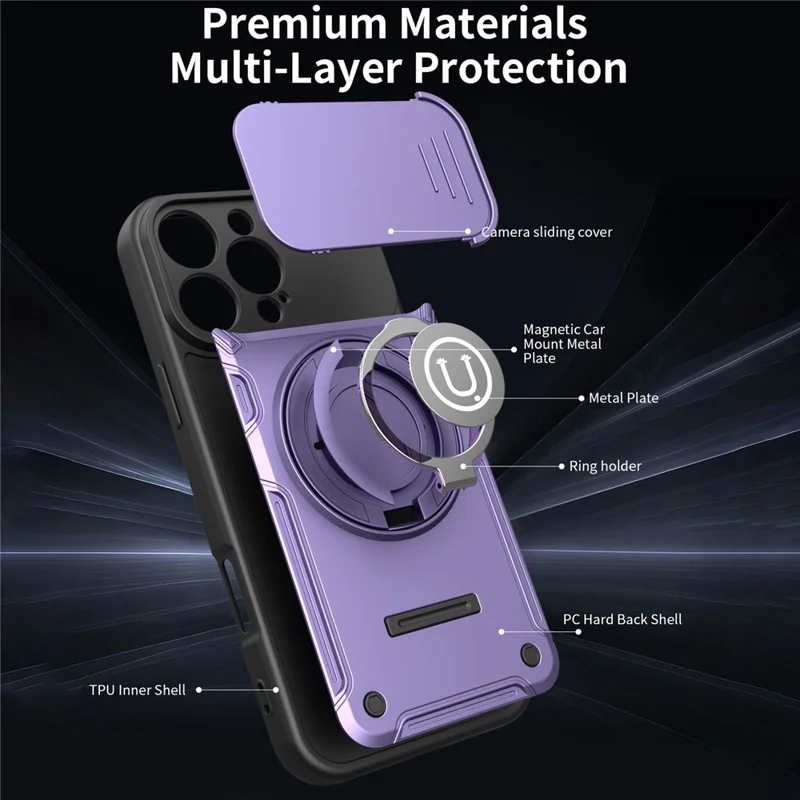 Capa para iPhone 16 Pro Max com Cobertura de Câmara Deslizante, Anel Suporte PC + TPU - Roxo