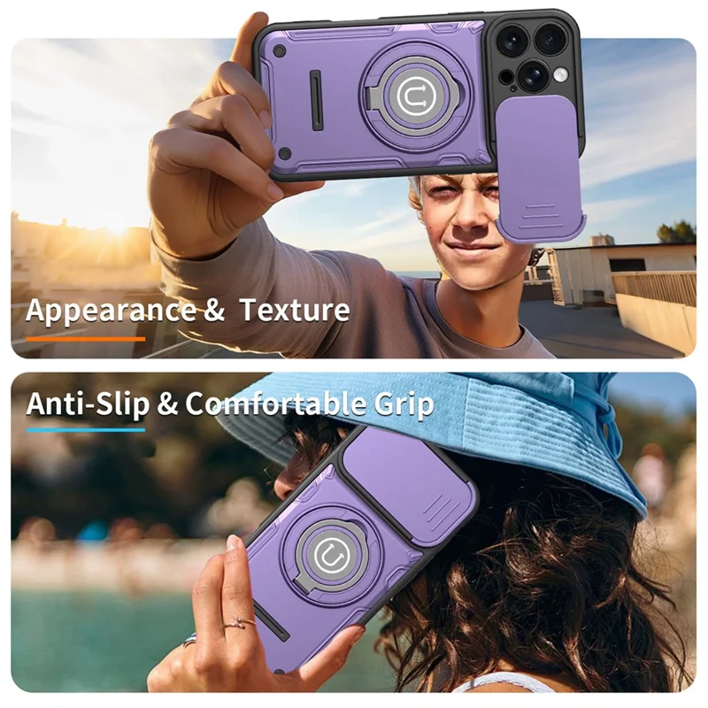 Capa para iPhone 16 Pro Max com Cobertura de Câmara Deslizante, Anel Suporte PC + TPU - Roxo